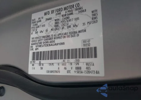 2010 Ford Explorer Xlt z USA, uszkodzony, nr VIN 1FMEU7DE8AUA91095